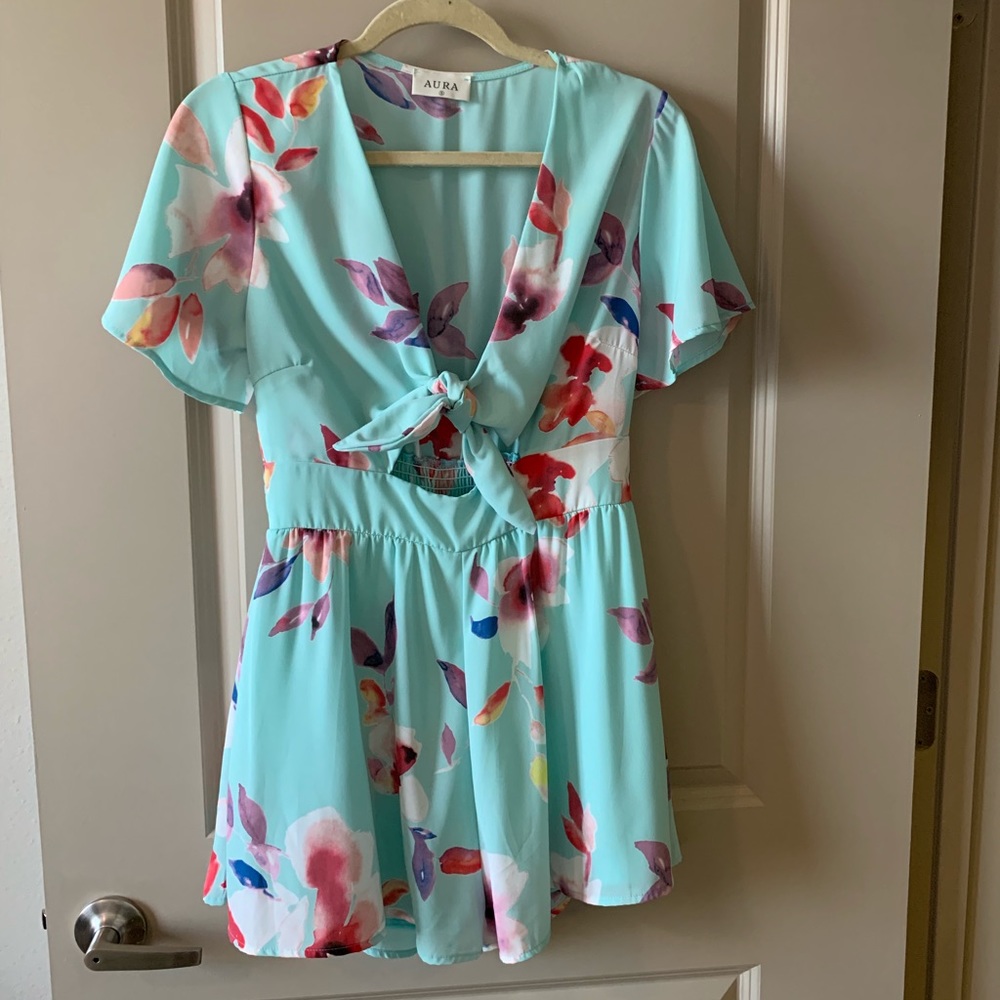 Blue Floral Front Tie Romper
